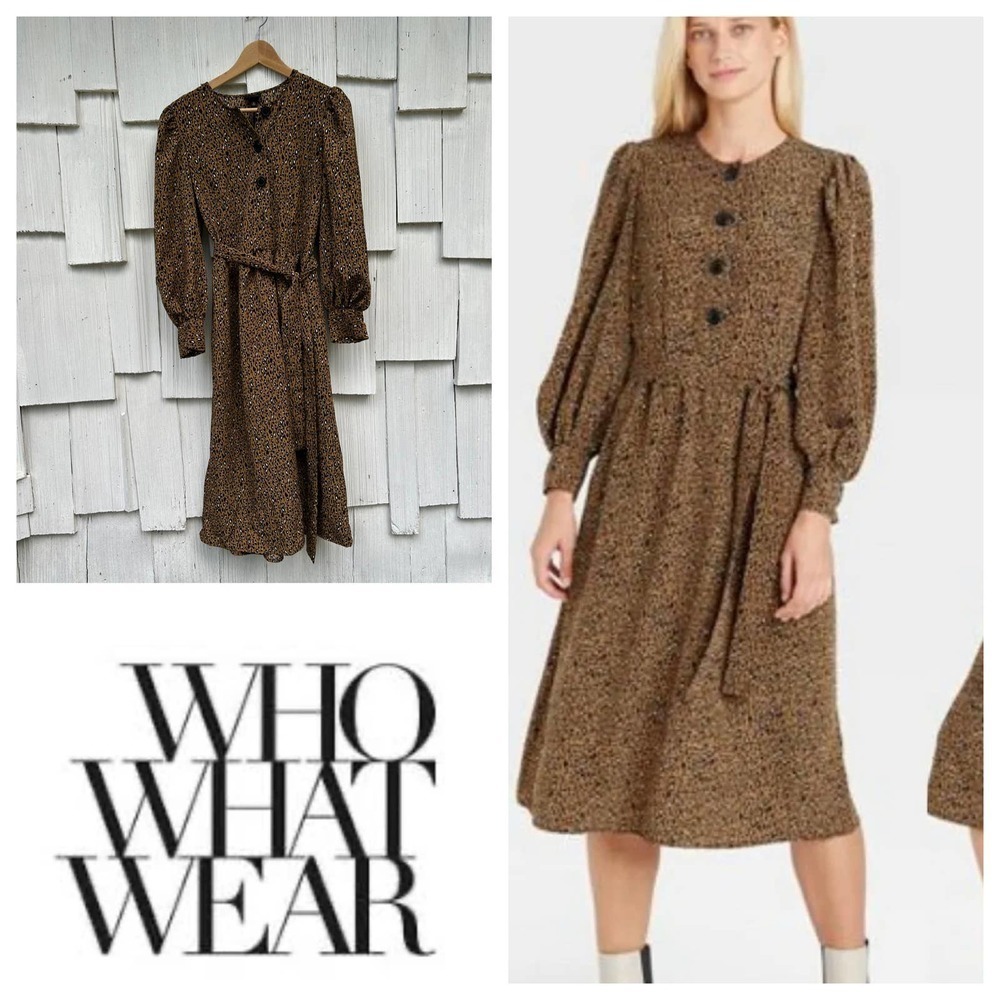 Who What Wear Long Sleeve Bold Button Leopard Print Belt‎ Midi Dress S NWT